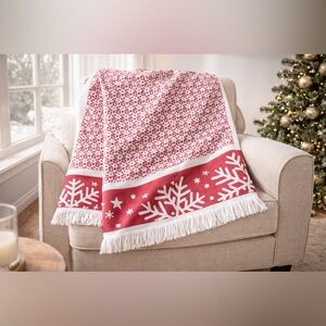 MUNDU 100% Cotton Holiday Throw Blanket Red White Snowflake Fringe Portugal